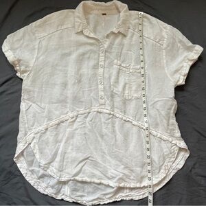 Free People Medium White Top Linen Blend Button Up Boho Collar Short Sleeve